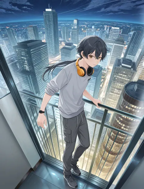 masterpiece, best quality, amazing quality, very aesthetic, high resolution, ultra-detailed, absurdres, newest, scenery, 1boy, young man, masculine, black hair, long hair, low ponytail, brown eyes, shiny eyes, headphones around neck, athletic body, gray sw...