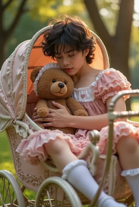 Real photo. An adult  male 20 years old handsome dark wavy hair wears short pink ruffled babydoll with puffy sleeves, large Peter Pan collar, big diaper, bonnet, white frilly kneesocks, kissing his teddy bear. He sits strapped on a frilly victorian pram in...