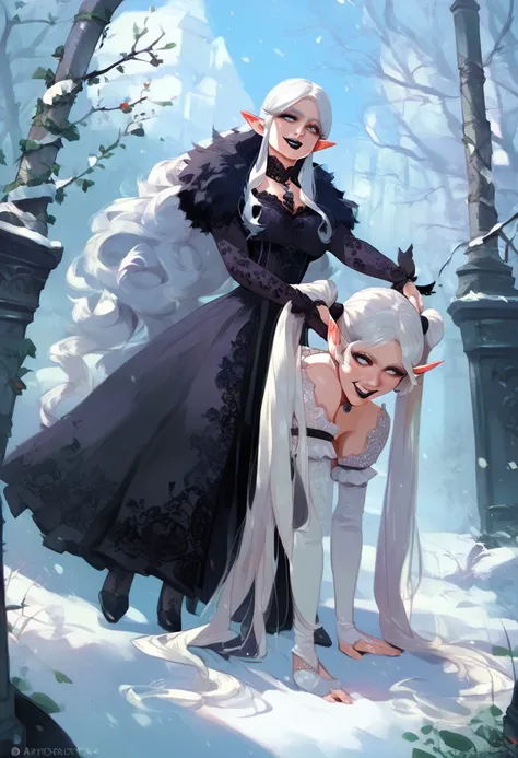 elf girl, pale, (very long hair), very straight hair, white hair, black lipstick, white eyes, whity velvet lace dress, maniac smile, two ponytails, pigtails, in a snow dead cemetery garden 