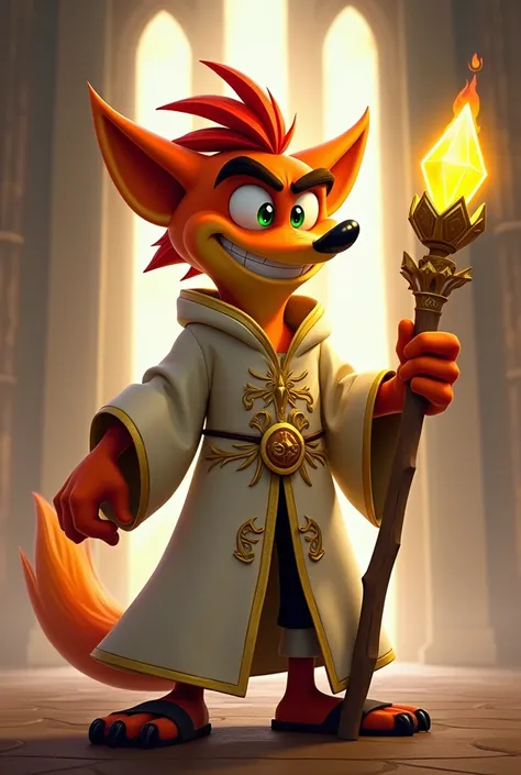 Crash Bandicoot as a D&D priest. His orange fur is complemented by a flowing white robe with gold embroidery, featuring divine symbols. His wild, spiked hair frames his face, which carries a mischievous grin. He holds a wooden staff with a glowing crystal ...