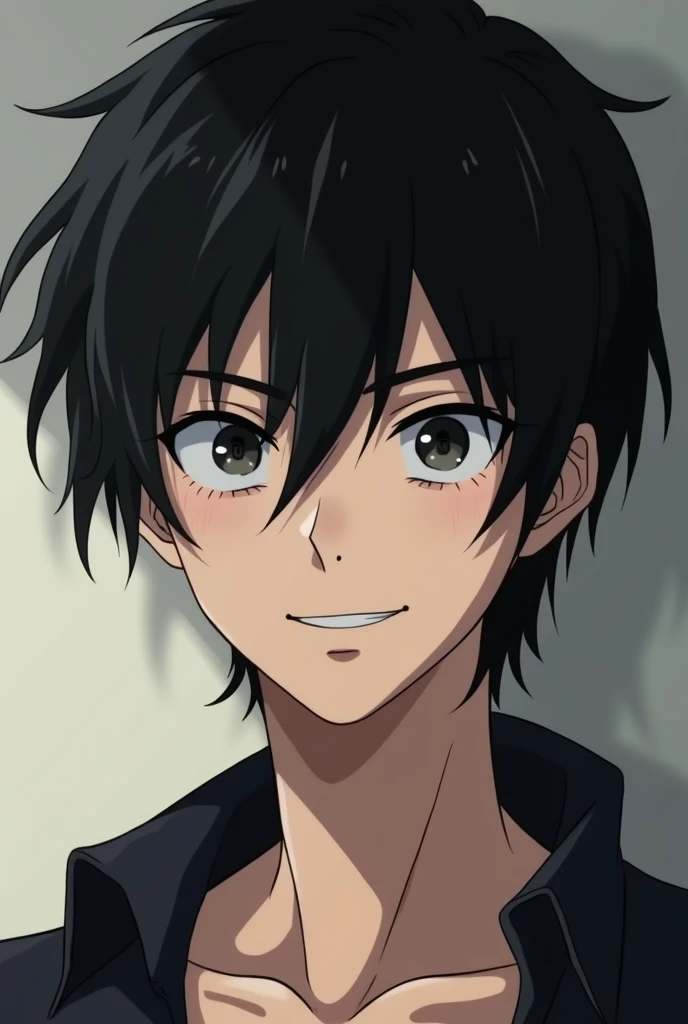  screenshot of Dandadan ,  male gender in the style of the anime Dandadan has slightly messy black hair, Dark, piercing eyes, and a slim but somewhat athletic build . His face, although attractive ,  has a disturbing air due to her fixed gaze and forced sm...