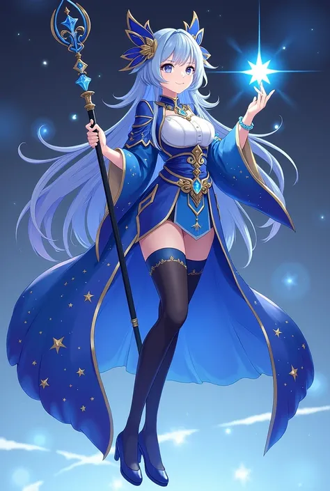 anime girl in blue outfit holding a star in her hand, keqing from genshin impact, genshin impact character, genshin impact style, zhongli from genshin impact, beautiful celestial mage, genshin impact, genshin, ayaka genshin impact, carrying a magical staff...