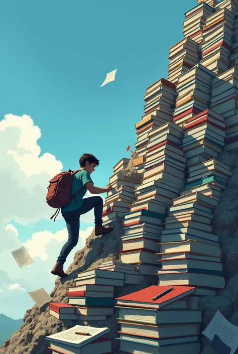 A young student tirelessly climbs a mountain made of piles of books and questionnaires，Working hard towards the top of the mountain 