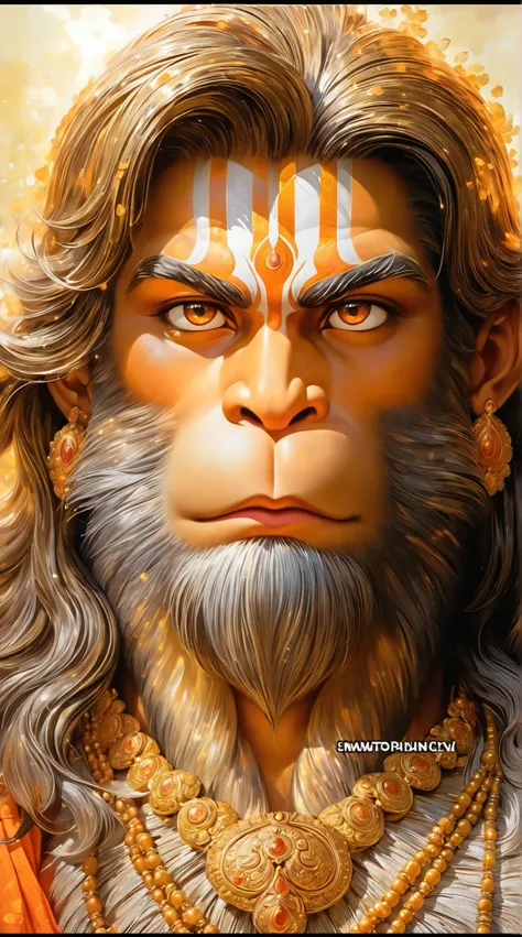 Create a cinematic and divine image of Lord Hanuman with large, sparkling eyes that reflect wisdom and energy. His forehead is broad and human-like, symbolizing intelligence and strength, with a tilak adorning the center of his forehead. His nose and mouth...