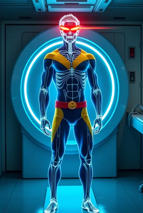 Cyclops from the X-Men, standing in a futuristic hospital setting, undergoing a detailed X-ray scan. His muscular figure is showcased in a sleek blue and yellow suit with glowing accents and a bold red belt. The scanner emits a bluish glow, outlining his b...