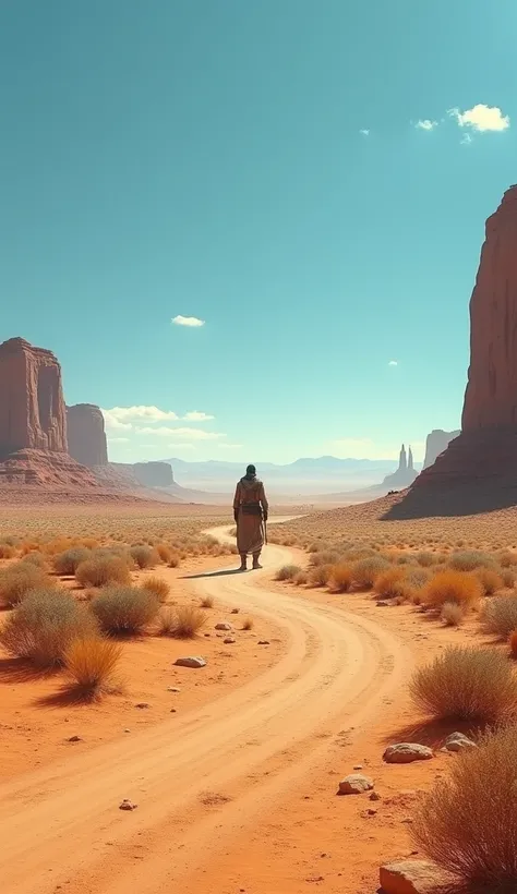 (Wide shot of a dusty desert trail)