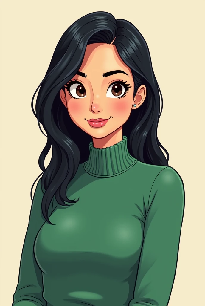 standing woman wearing a green sweater, black hair straight over her shoulder, normal build. cartoon format