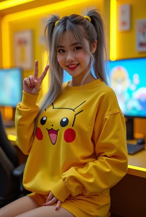 An Indonesian girl ,  Clear focus: 1.2,  curvy body ,  huge breasts ,  big rounded breasts , cleavage shown, ( pigtails ash gray hair ), ( tight yellow sweatshirt by Pikachu without zipper), (yellow miniskirt), , sign of peace, in the yellow gaming room  ,...