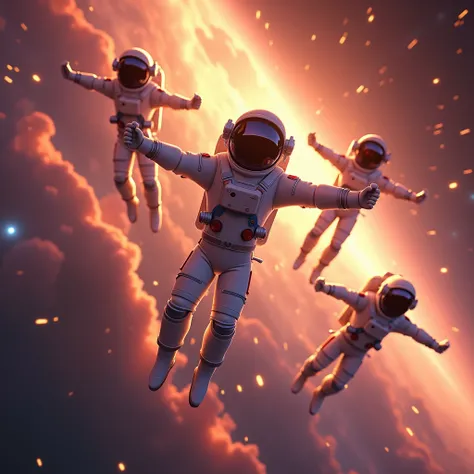 animated astronauts with superman flying pose in space with golden pink background and star, epic