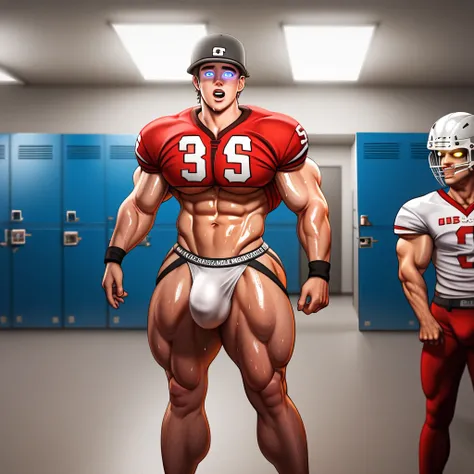 best quality, masterpiece, extremely detailed, muscular bodybuilder man standing in line with other muscular bodybuilder men, rugged windswept hair, sweaty, glistening skin, wearing a crystal, sexy jockstrap, wearing American football uniform and helmet, i...