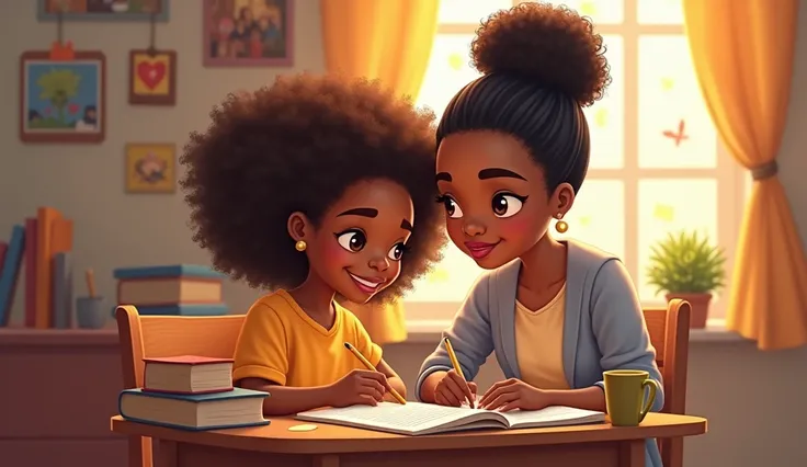 little Oprah Winfrey working hard, studying, grandma teaches her how to read, cartoon