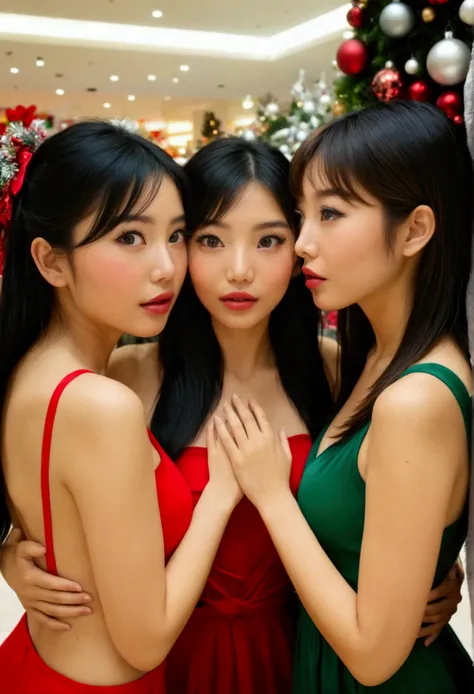 a group of beautiful young women in sexy outfits deeply in love, hugging and kissing intimately in a busy bangkok shopping mall with christmas decorations, (best quality,4k,8k,highres,masterpiece:1.2),ultra-detailed,(realistic,photorealistic,photo-realisti...