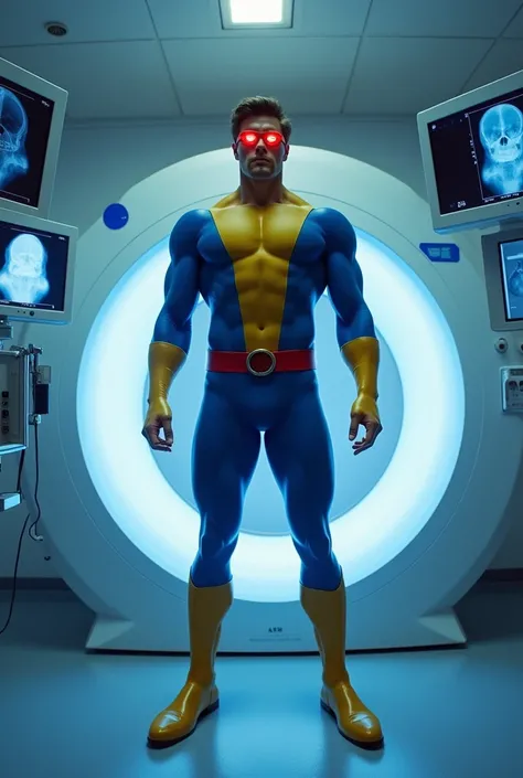 Cyclops from the X-Men, standing in a modern hospital room with a realistic, clinical atmosphere. He’s mid-scan in an advanced X-ray machine, the faint blue light of the scanner tracing over his body. His muscular figure is subtly outlined through his icon...