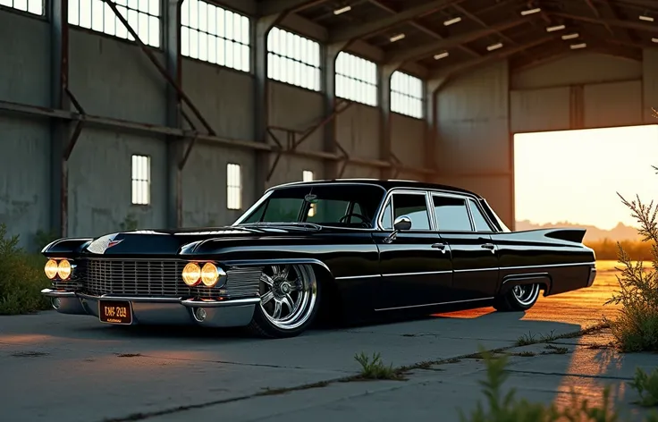 A  black 2025 Cadillac Fleetwood Sixty-Special reamagined as a modern day pimped out lowrider with crazy rims, smooth body, shaved body,, parked in the middle of an abandoned half demolished Hangar with overgrowth glowing all around. Imperfect concrete, re...