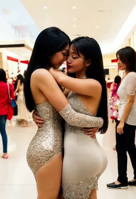 some women (age 25, sexy, sexy outfits) are deeply in love, they are hugging and kissing intimately, people stop and star, bangkok shopping mall, Christmas
