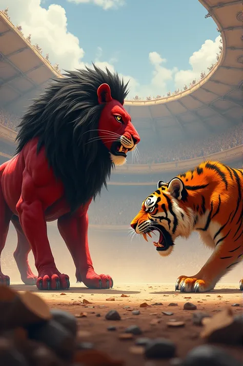 In a stadium ready to fight a red lion with black mane and a large saber-toothed red-yellow tiger 