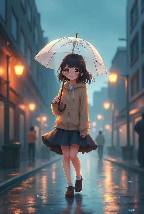  A cute anime-style girl wearing a hoodie and skirt is walking while holding an umbrella on a rainy day。The background is a simple rainy cityscape 。