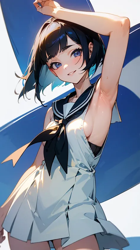 (( top quality )), ((masterpiece)), ( Details),  perfect face、 One Girl ,  sexy、 short bob、 black hair,pale,skinny、Sailor uniform for high school girls、smile. show me her armpits