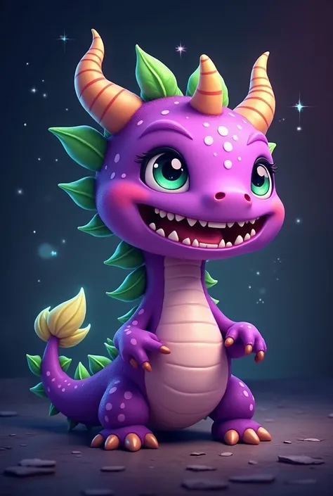 

"A magical and whimsical creature that is a mix of a dragon and a plant, featuring a vibrant purple body with playful polka dots. The creature has sharp white teeth, a wide toothy grin, and horn-like protrusions on its head. Its body is adorned with lush...