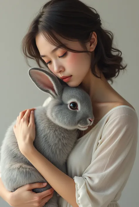 An image of a slightly brunette lady with wavy hair embracing a gray rabbit