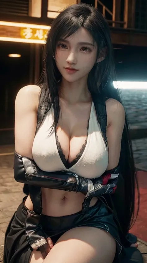 (((FF7Tifa, 1girl, black hair, long hair, red eyes))),  Smiled in camera , Masterpiece, best quality, ultra highres, detailed illustration ,cinematic, masterpiece,1girl, ((( large breasts))), beautiful detailed eyes, beautiful detailed lips, extremely deta...