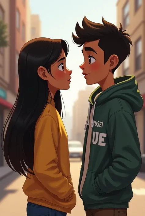 A brown girl with straight hair next to a boy in a hooded jacket and the name HENRIQUE on the jacket 
