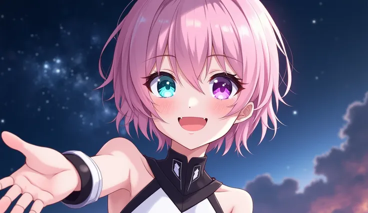 Anime art style, female character, light pink short hair, glowing eyes, turquoise right eye, purple left eye, pale skin, white and black sleevless dress with long neck, happy confident expression, erotic pose, extending her hand to the front like inviting ...