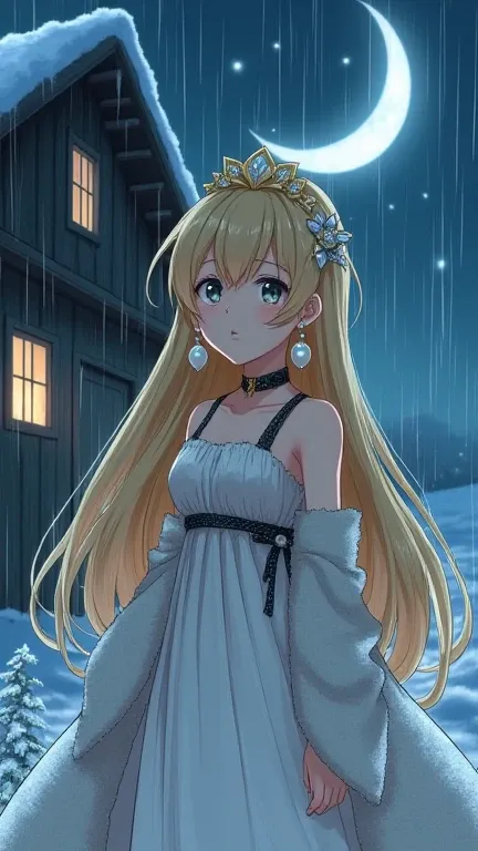 An animated character, a scene full of mystery and fantasy, depicting a beautiful princess wearing a gorgeous headdress. She has long golden flowing hair, a hairpin, large pearl earrings, and a white dress. A plush woolen long coat with a black thin-strap ...