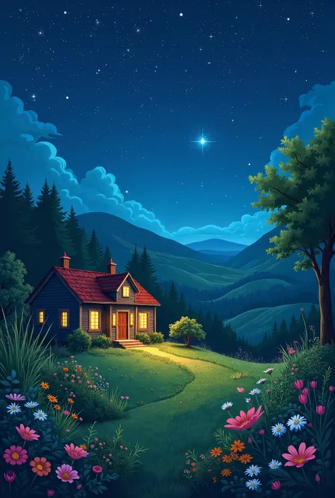 /imagine prompt: A serene night scene featuring a lush green ground full of nature, vibrant foliage, and scattered wildflowers. The sky is adorned with countless multicolored stars shining brightly, creating a dreamy and magical atmosphere. A small, cozy h...