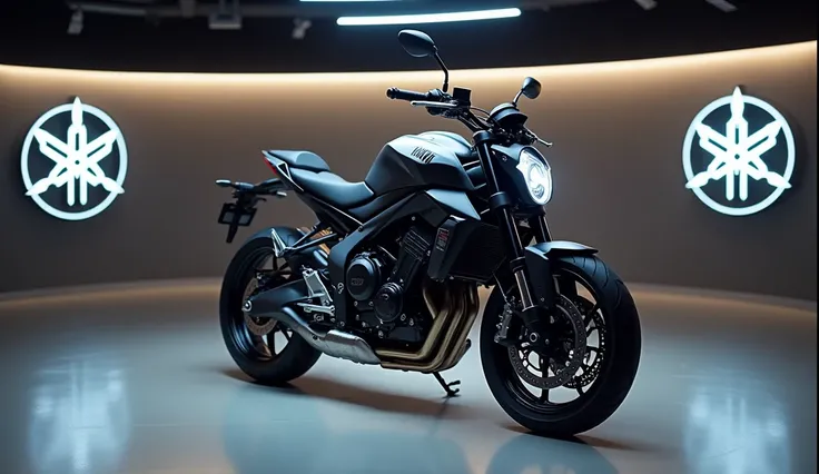 2025 new Yamaha MT 09 in showroom left said and add the logo on wall 