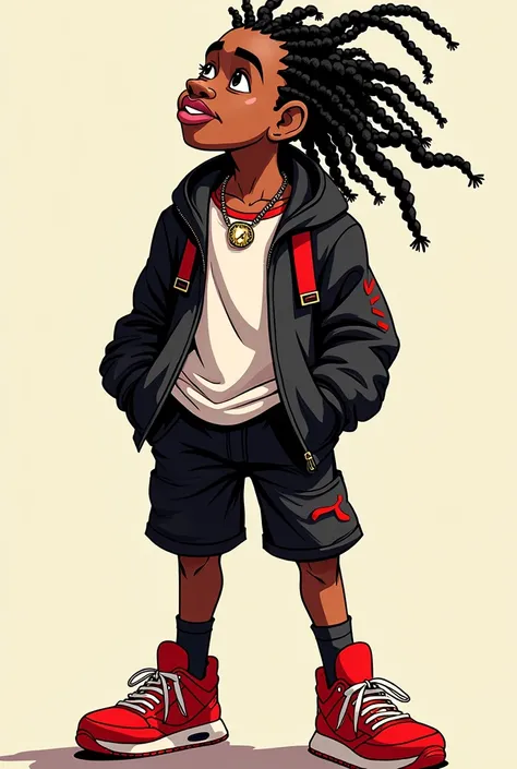 Cartoonist medium heigh,brown skin,box braids,black,red,white clothing,slim,different facial expressions,male