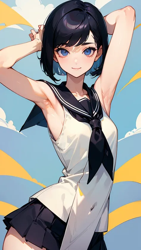 (( top quality )), ((masterpiece)), ( Details),  perfect face、 One Girl ,  sexy、 short bob、 black hair,pale,skinny、Sailor uniform for high school girls、smile、 show me her armpits、Semen in armpit