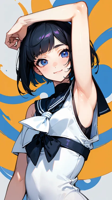 (( top quality )), ((masterpiece)), ( Details),  perfect face、 One Girl ,  sexy、 short bob、 black hair,pale,skinny、Sailor uniform for high school girls、smile、 show me her armpits、Semen in armpit