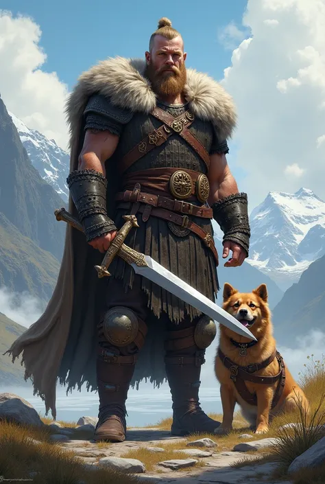 Can you create a Viking for me with his sword and a cheerful  on his side 