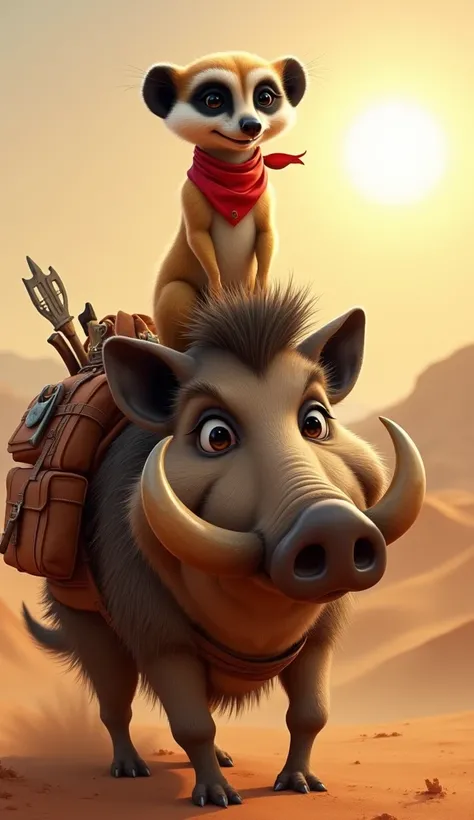  Meerkat (A slim meerkat with dark eye patches, a red bandana, and a mischievous grin.)is riding on the head of  Warthog (A muscular warthog with sharp tusks and coarse bristles, carrying a bulky leather pack loaded with gear, ready for desert adventures.)...