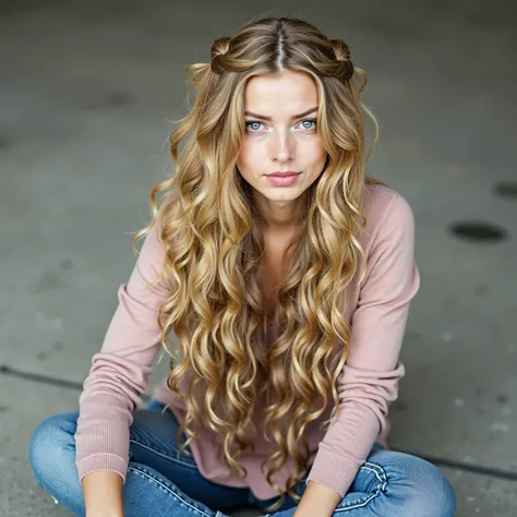 a close up of a woman with long blonde hair sitting on a cement floor, with long blond hair, long wavy blonde hair, long braided curly blonde hair, long curly blonde hair, long curly blond hair, long wavy blond hair, with very long blonde hair, blond hair ...