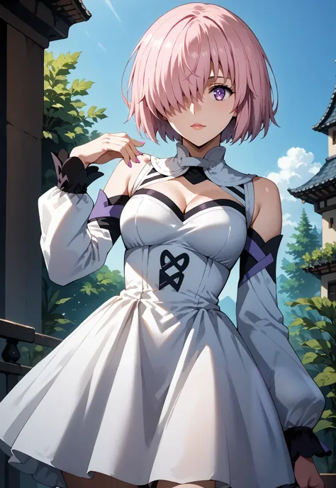 score_9, score_8_up, score_7_up, source_anime, 4K,perfect fingers,(perfect hands, perfect anatomy),
1girl, mashkyrielight, mash kyrielight, short hair, purple eyes, pink hair, hair over one eye,
wearing ((dress, white dress, Removable sleeves), Cleavage))...
