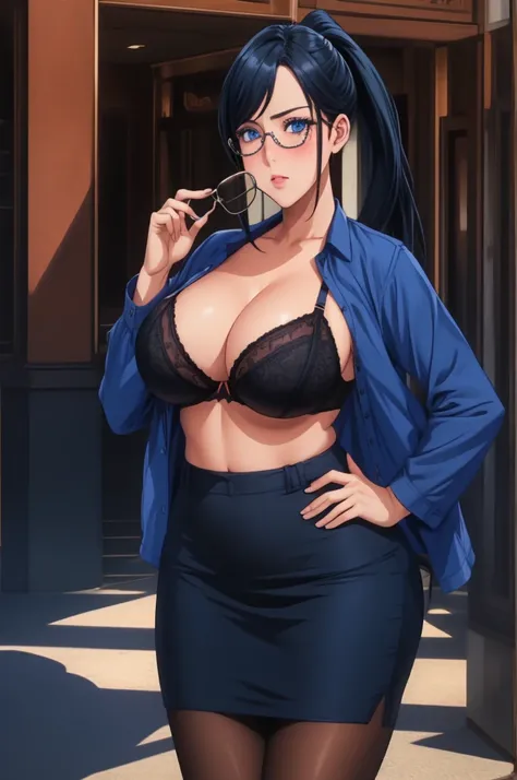 (high quality:1.1), detailed, cinematic lighting, shadows, official art,
TakamineAyako, 1girl, solo, mature female, milf, standing, (hand on own boob:1.1), (hand on glasses:1.2), hand on hip,  cowboy shot,
looking at viewer, confident, determined, blush,
b...