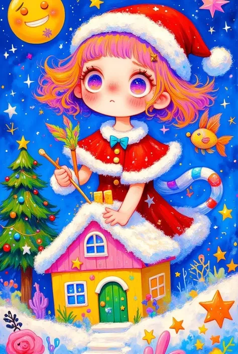  A painting holding a magic wand and a fish, Santa hat，Tiny House，Ni Duans storybook illustration, ArtStation, Fantasy Art,  cute detailed digital art , Lovely art style,  Fairy tale illustration style , 可爱的数字艺术,  a beautiful art illustration , Colorful il...