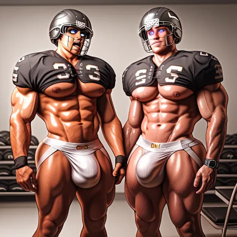 best quality, masterpiece, extremely detailed, muscular bodybuilder man standing in line with other muscular bodybuilder men, rugged windswept hair, sweaty, glistening skin, wearing a crystal, sexy jockstrap, wearing American football uniform and helmet, i...