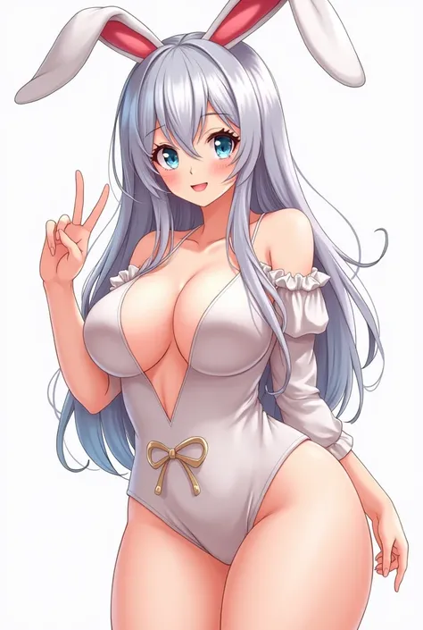 Hot bunny girl, big boobs, anime style, silver hair, blue eyes, blushed cheeks, holding a peace sign with fingers