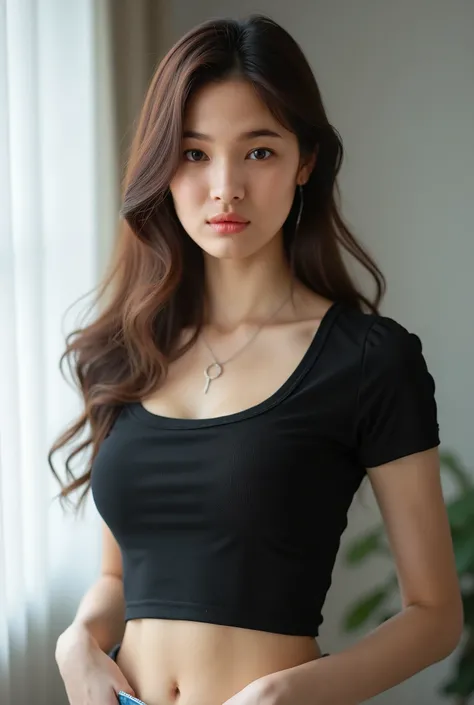 a woman in a black top and denim shorts posing for a picture, black top, korean girl, gorgeous young korean woman, 2  female model, beautiful south korean woman, beautiful asian girl, photo of slim girl model, attractive girl, wearing a sexy cropped top, b...