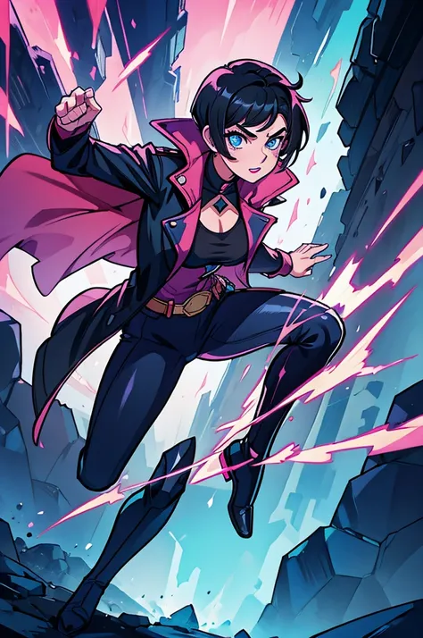 A super hero woman with short black hair, wearing a trenchcoat with nothing under it, showing off body,  blue eyes, pink lipstick, full body, 