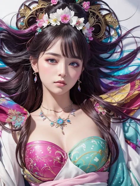 In a cinematic shot with vibrant color theme, a fantasy beauty,  art nouveau inspiration, is showcased on a white background. She wears an intricate gorgeous kimono dress adorned with mysterious lace ruffles and gorgeous hair ornaments. Her iridescent hair...