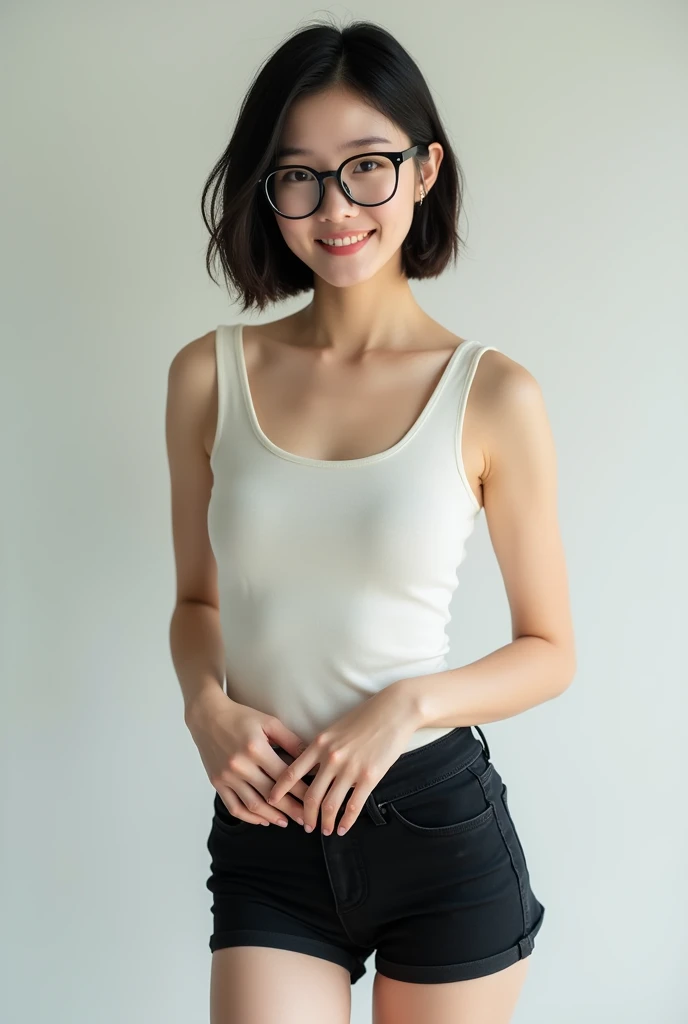 Make me a picture of a short haired korean woman with glasses wearing a plain tight tank top and tight shorts