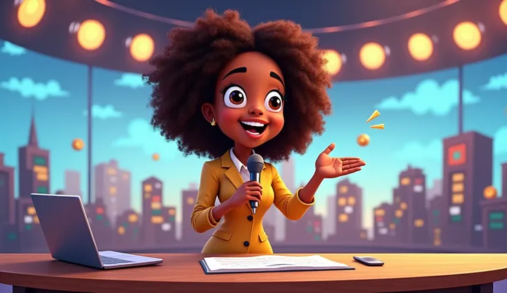 little Oprah Winfrey as news anchor, speaking, cartoon