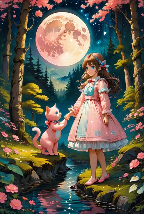  A white, blue-eyed cat in the Norwegian Forest ,  A   with brown bifurcated hair with a bow, Pink teddy bear holding hands next to a girl ,  Forest background with a floating moon and stars , Fairytale atmosphere