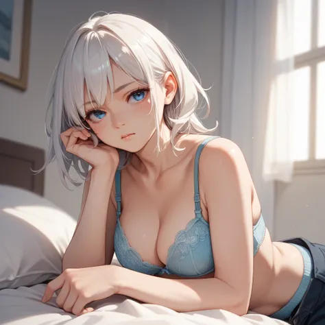 White hair and blue eyes、anime girl in blue underwear and bra