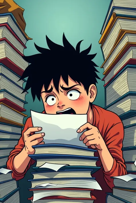  A high school student squeezed into a pile of books and gasps，Zero-grade exam paper held in hand ， to convey the stress of the current students classroom stress ，Japanese manga style