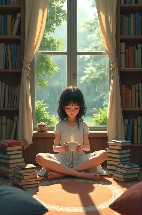 A peaceful cottage interior, with a girl sitting on the floor, surrounded by stacks of books, sipping tea, and looking outside at the rain falling gently on a garden.